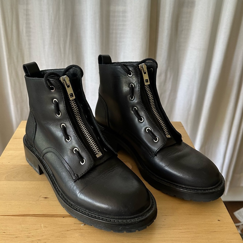 rag & bone Black Leather Front-Zip Combat Boots